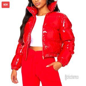 Cropped Puffer Jacket Winter Shiny Zip Up Bubble Coat Size Small